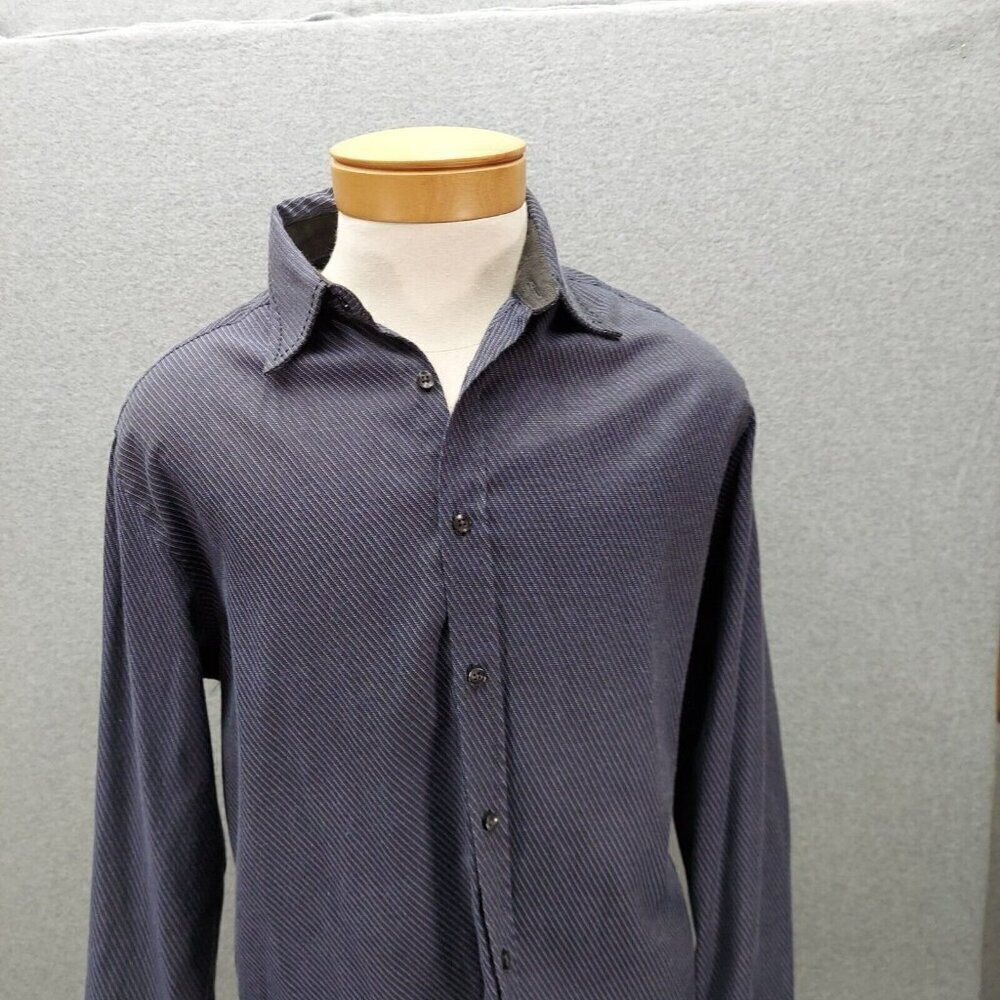 Cultura Mens Button Up Shirt Size Large  Black Thick Stitch Blue Stripes
